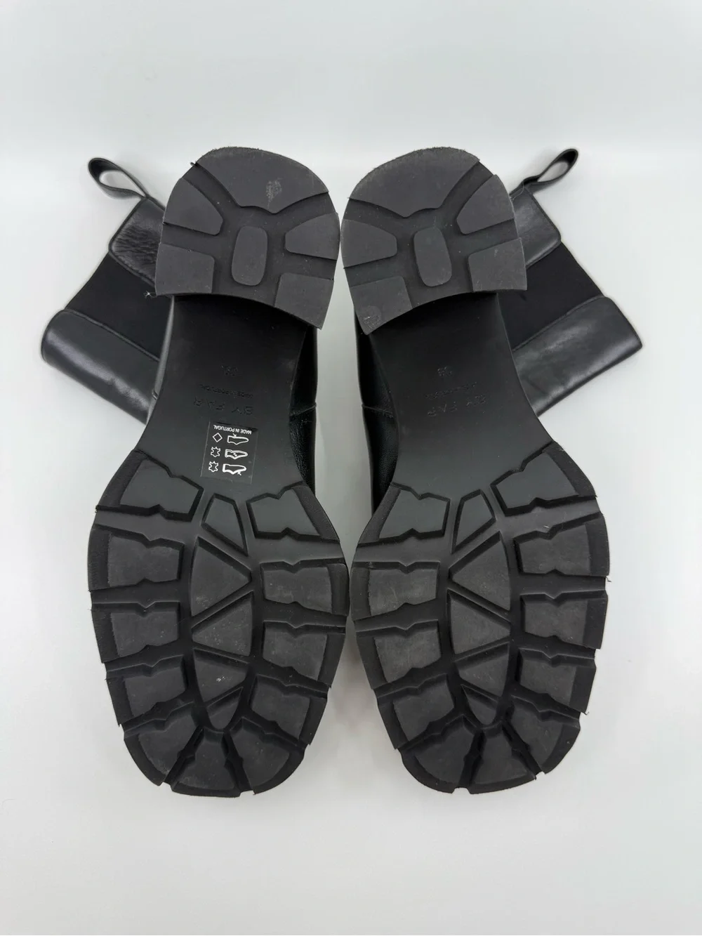 BY FAR Black Leather Chunky Heel Chelsea Ankle Boots
